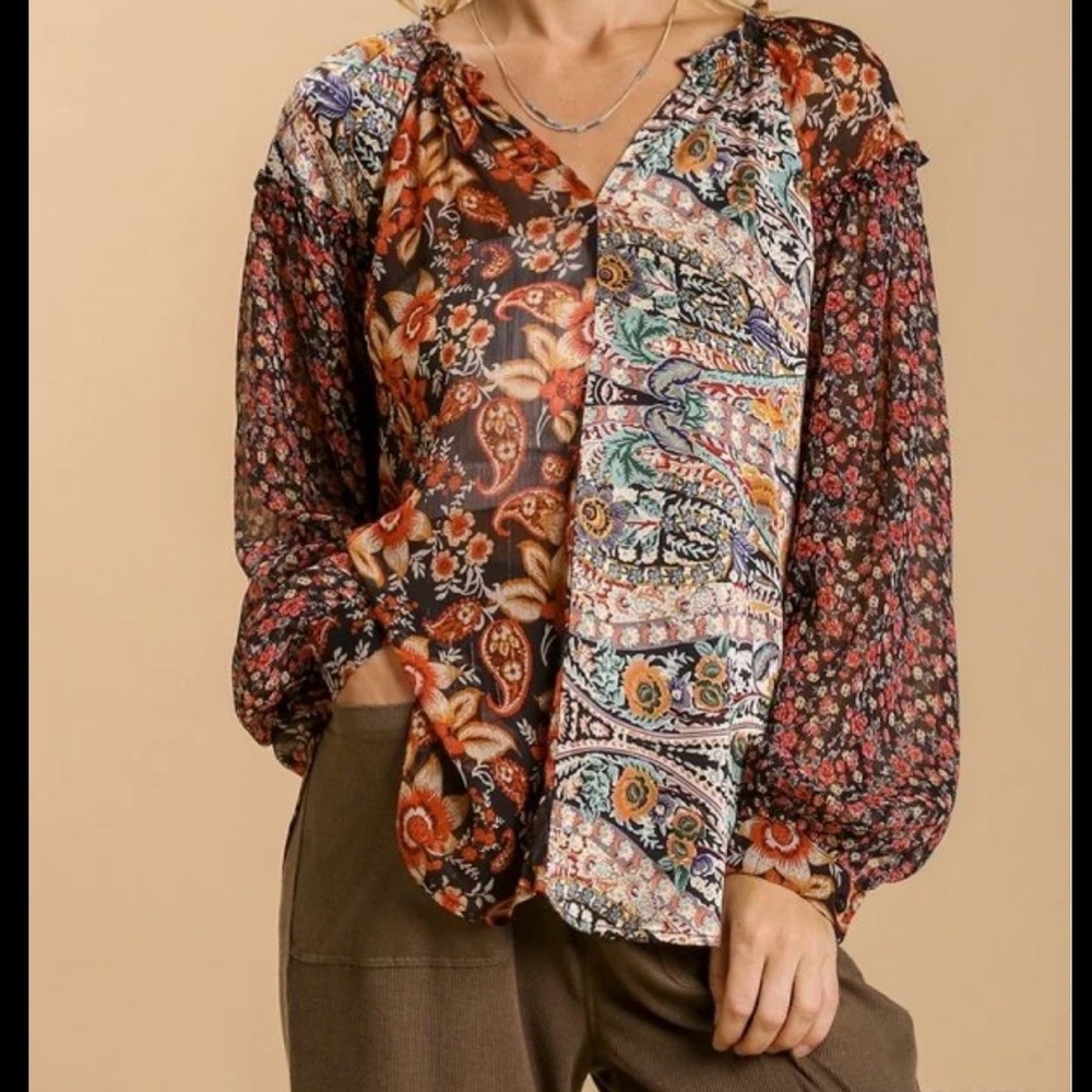 Umgee Multicolor Patchwork Blouse - Picture 2 of 13